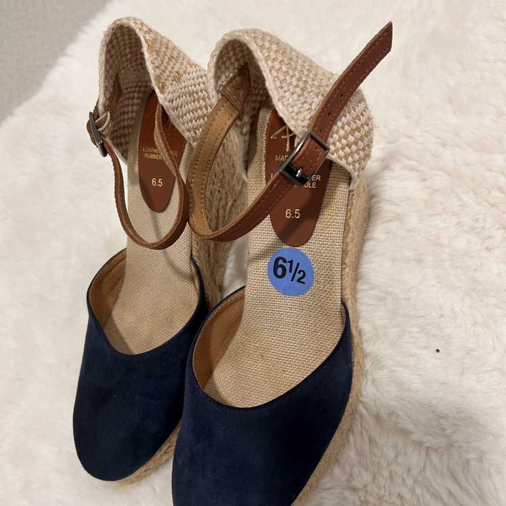 Stylish Navy and Tan Wedge Espadrilles - Picture 2 of 6